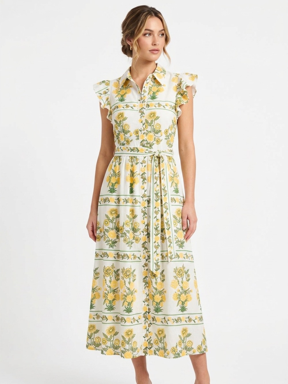 NWT LEA Flutter Sleeve Floral Button-Front Maxi Dress Yellow Green Sz L Cotton